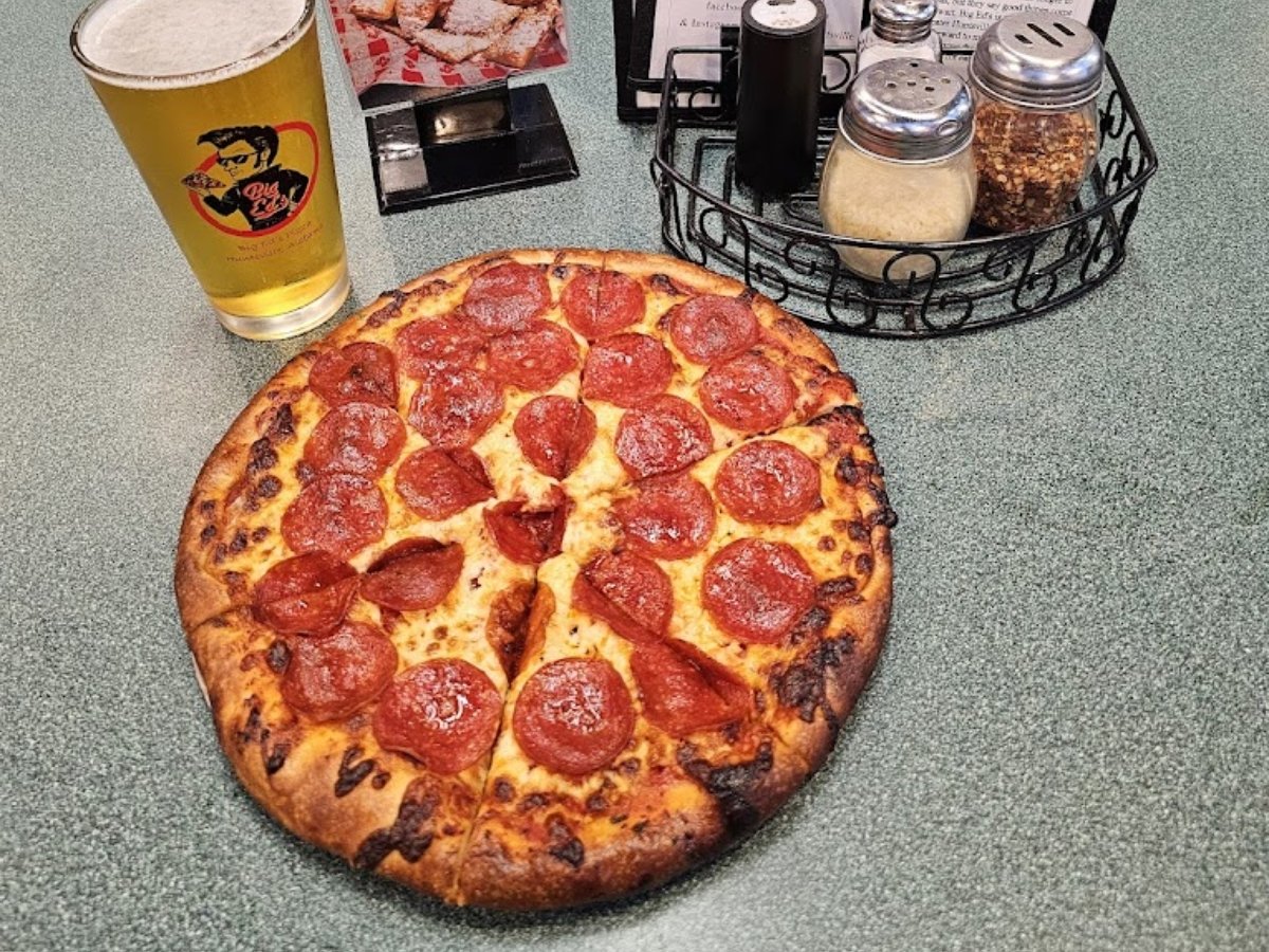 Pizza with beer at Big Ed's Pizza, Huntsville, AL  