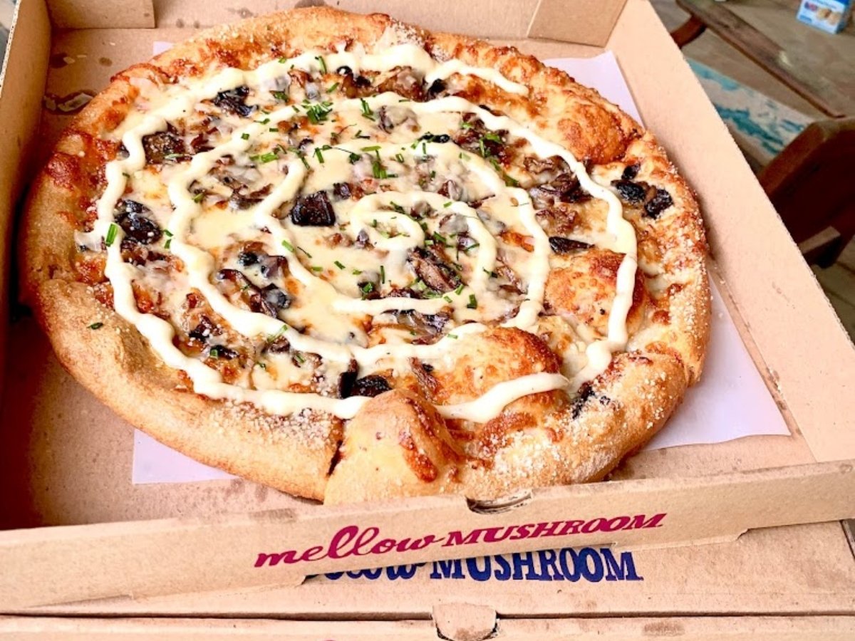 Yummy Pizza in Pizza box at Mellow Mushroom, Huntsville, AL