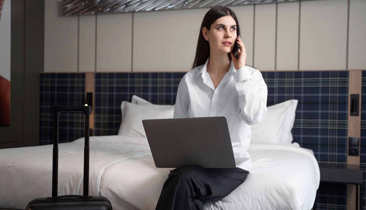 Young woman talking on her smartphone in a hotel room - Image from freepik - Is Hotel Wi-Fi Safe
